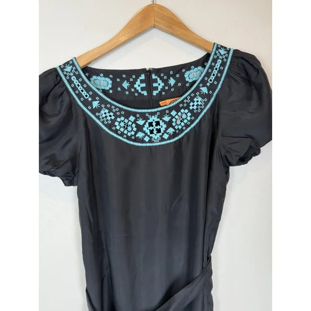 Tory Burch Lottie Size 4 Black Turquoise Embroidered Silk Tie Belt Shift Dress
